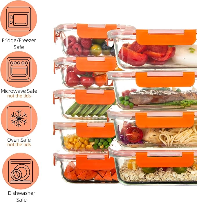 10 Pack Glass Food Storage Containers with Airtight Lids, Ideal for Meal Prep, Lunches - Microwave and Dishwasher Safe, Orange