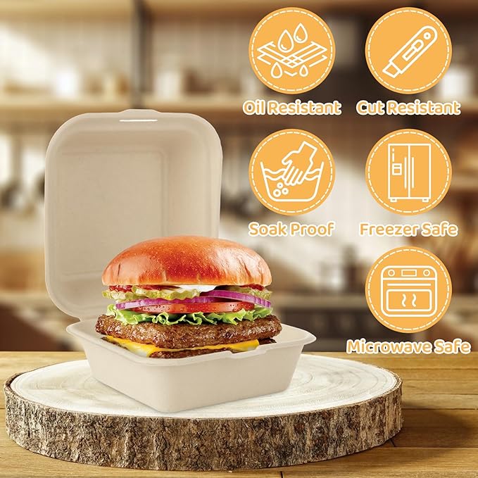 CYEAH 100 Pack Compostable Square Hinged Container, 5 X 5 Disposable Square Small Lunch Box Takeout Containers with Lid, Single Compartment Clamshell Takeout Box for Burger, Sandwiches, Salad