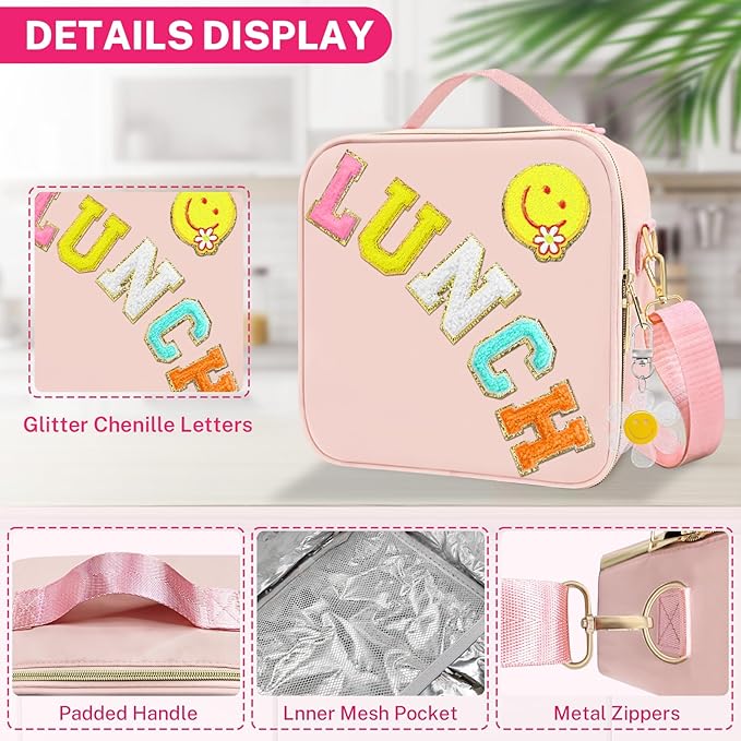 Insulated Girls Lunch Box, Preppy Lunch Box for Teen Girls, Cute Girls Lunch Bag for Kids, Large Reusable Cute Cooler Bag with Adjustable Shoulder Straps,Perfect for School Travel Picnic(Pink)