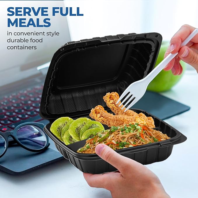 8" X 8" 3-Compartment To Go Food Take Out Containers Boxes With Lids | 50 Pack Microwaveable Black Mineral-Filled Disposable Togo Plates Clamshell Containers With Dividers For Lunch Home Carry Away