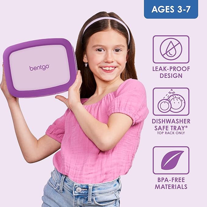 Bentgo Kids Bento-Style 5-Compartment Leak-Proof Lunch Box - Ideal Portion Sizes for Ages 3 to 7 - Durable, Drop-Proof, Dishwasher Safe, BPA-Free, & Made with Food-Safe Materials (Purple)