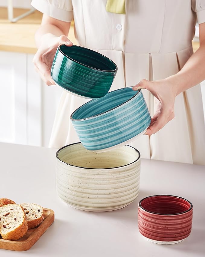 vancasso Bonbon Ceramic Mixing Bowls with Lids Set of 4, Multi-color Nesting Serving Bowls for Food Prep, Storage, Microwave and Dishwasher Safe, 60/36/20/10 oz, Stylish and Functional Design