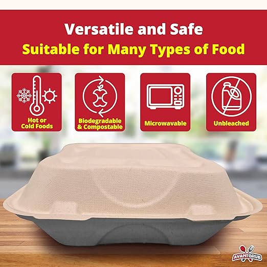 Durable, Leak-Proof Take-out Food Box, 100 Pack. Large, 9 x 9 Plant-Based, Gluten-Free Compostable Wheatstraw Fiber Clamshell Hinged Container, Microwavable and Great for Restaurant Carryout