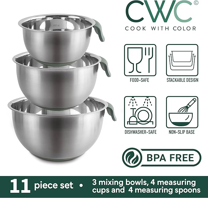 COOK WITH COLOR Stainless Steel Mixing Bowls Set and Measuring Cups- Nesting Bowls with Non-Slip Bottom and Easy-Grip Handles, Sage, 11 Pieces