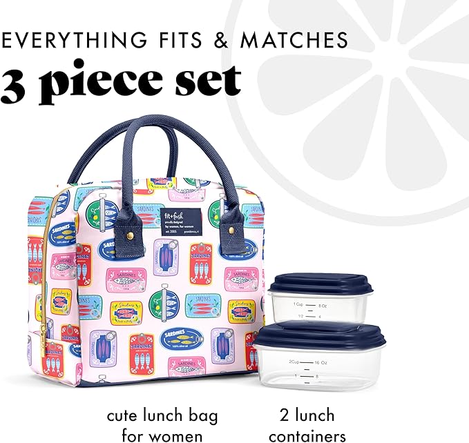 Fit & Fresh Lunch Bag For Women, Insulated Womens Lunch Bag For Work, Leak Resistant & Stain-Resistant Large Lunch Box For Women With Containers, Zipper Closure Bloomington Bag, Multicolored Sardines