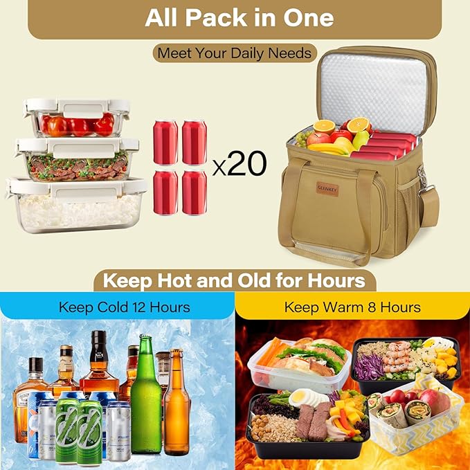GLENKEY Expandable Large Lunch Box, Insulated Heavy Duty Lunch Bag Waterproof Leakproof Durable Cooler Bag for Men Women Adults Work Construction Camping Trip, 16L, Brown