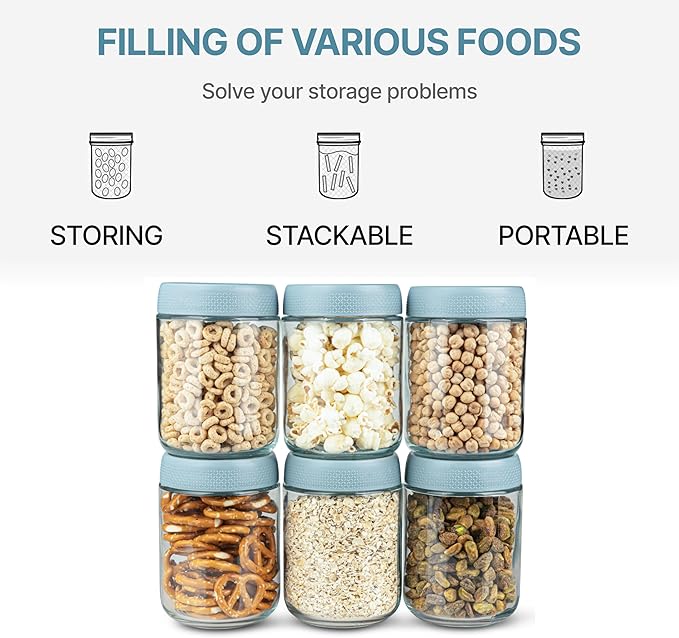 C&O ESSENTIALS 16 oz Glass Mason Jars with Airtight Lids - Wide Mouth Canning Jars for Food Storage, Meal Prep, Overnight Oats, Preserving, Pickling (6-Pack) (Blue)