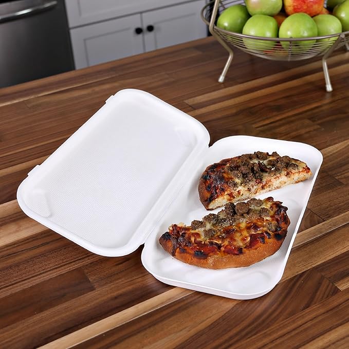 ECO PRODUCTS Compostable Vanguard 13"x7" Pizza Clamshell To Go Containers, Case of 200, Flatbread Take Out Food Box, White Renewable Molded Fiber, No-Added PFAS, ASTM Compliant, BPI-Certified