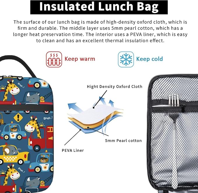 Insulated Lunch Box for Toddler Boys Kids Cars Lunch Box for Work,Picnic,School,Travel,Hiking,Beach or Fishing Polyester Funny Animal Driver Cars Theme Lunch Bag