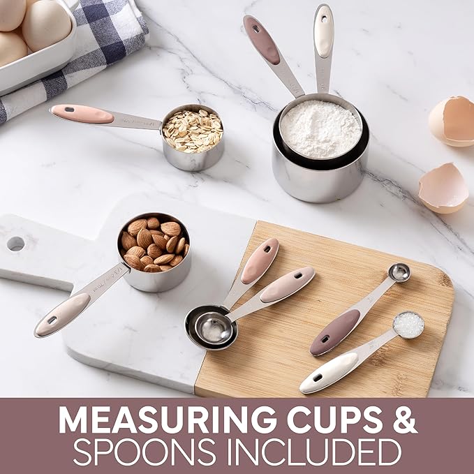 COOK WITH COLOR Stainless Steel Mixing Bowls Set and Measuring Cups- Nesting Bowls with Non-Slip Bottom and Easy-Grip Handles, Rose, 11 Pieces