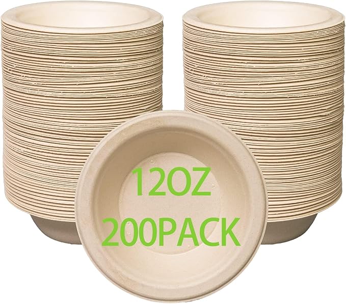 12 oz Compostable Paper Bowls 200pack Heavy-Duty Eco-Friendly Bulk Pack Disposable Bowls Biodegradable Made of Sugar Cane Fibers, Hot or Cold Use
