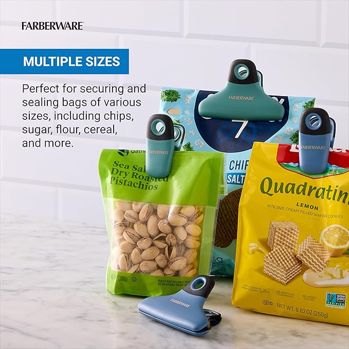 FARBERWARE Professional 4 Piece Bag Clip Set Durable, Versatile, and Stylish Blue and Green