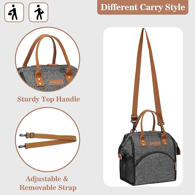 LOKASS Lunch Bag Insulated Lunch Box Wide-Open Lunch Tote Bag Large Drinks Holder Durable Nylon Snacks Organizer with Removable Shoulder Strap for Women Men Adults Work Outdoor,Black