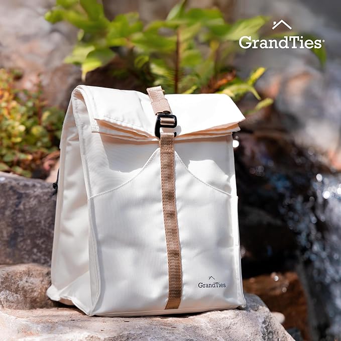 GRANDTIES Insulated Lunch Bag for Women, Men, Adults - Rolltop Leak Proof Meal Prep Lunch Box Containers, Reusable Snack Bags, Travel Cooler, Small Soft Cooler Bag, Fold Top Sandwich Bags, Ivory
