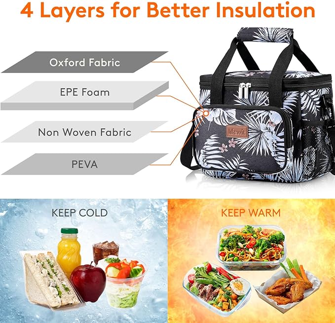 Lifewit Large Lunch Bag Insulated Lunch Box Soft Cooler Cooling Tote for Adult Men Women, Flower 12-Can (9L)