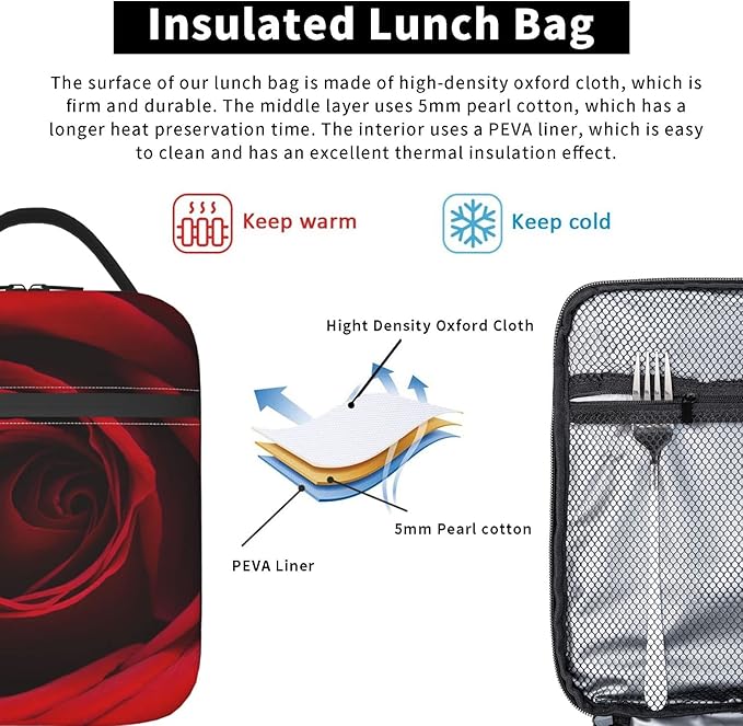 YETTA YANG Valentine's Day Cute Red Rose Flower Floral Portable Lunch Bag Insulated Lunch Box Reusable Totes For Women Men Work Picnic Camping