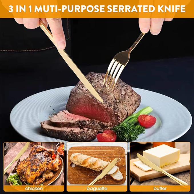 24 Pieces Knifes Forks Spoons Set for 8, KITWARE Gold Silverware Set, Flatware Stainless Steel for Lunchbox, Mirror Polished Cutlery, Kitchen Travel Utensils Set Outdoor Camping Picnic