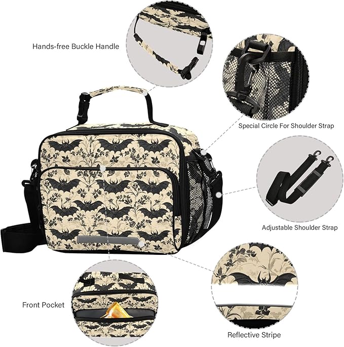 MNSRUU Student Lunch Bag Bats and Flowers Vintage Insulated DinnerTotes Picnic Bag Lunch Box with Adjustable Shoulder Strap for Teen Kids Adults