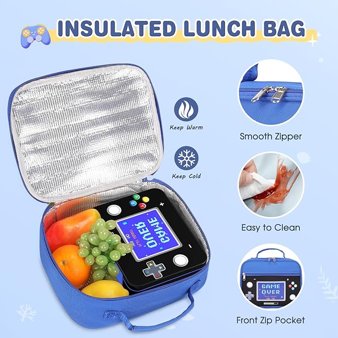 Boys Backpack - Luminous Game Bento Box with Insulated Lunch Bag Pencil Case & Utensils Set for Kids, 6 Leakproof Compartments Removable Tray Lunches or Snack Container (Blue Game Screen)