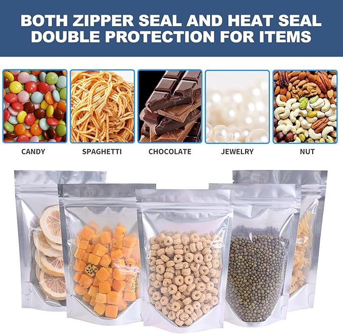 100PCS 6"X9" Clear Front & Aluminum Foil Back Mylar Bags for Food Storage,Smell Proof Stand Up Ziplock Pouch,Resealable Bags for Small Business Packaging Candy Coffee Bean Nuts Cookie