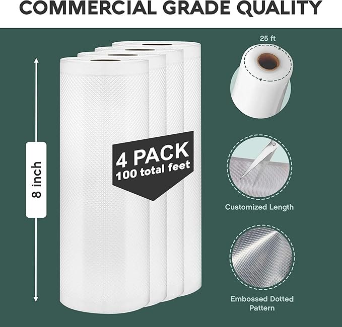 Avid Armor Vacuum Sealer Bags - 4 Pack, 8x25 Rolls | BPA-Free Vacuum Seal Bags for Food Storage, Meal Prep, Sous Vide | Heavy Duty Vacuum Sealer Bags, Fits Foodsaver & Seal a Meal