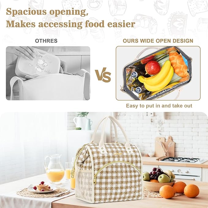 LOKASS Insulated Lunch Bag Women- Reusable 10 L Lunch Box for Women - Leakproof Tote Cooler Bag for Adults Work, Beach, Travel, Picnic (Brown&White Diamond Grid)