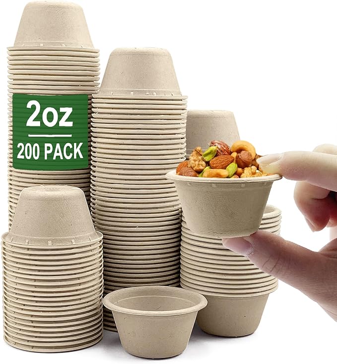 CAMKYDE 2 oz Disposable Bagasse Fiber Souffle Cups 200pk, 100% Natural Biodegradable Compostable Condiment cups Sample Cup Tasting Cup (Natural, Pack of 200)