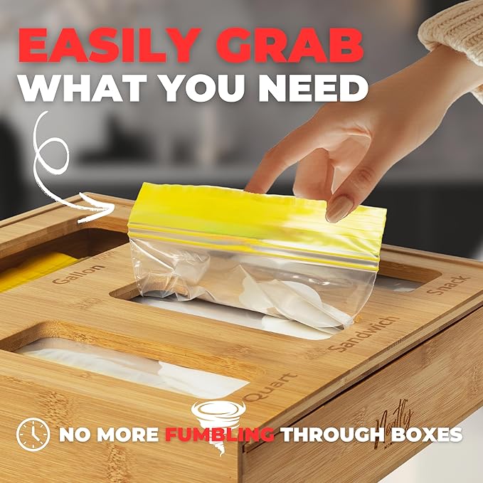 Storage Bag Organizer Kitchen Drawer, Plastic Bag Organizer, Baggie Organizer for Drawer, Sandwich Bag Organizer 4 Slots, Baggie Holder with Lid for Quick Refill of Gallon Quart Snack Sandwich Bags