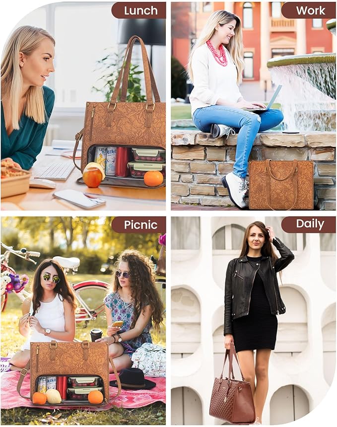 LOVEVOOK Lunch Tote Bag for Women, 15.6 Inch Laptop Bag with Insulated Lunch Compartment, Quilted Large Capacity Computer Handbag with Purse for Business, Work, Office, Casual, Yellowish brown