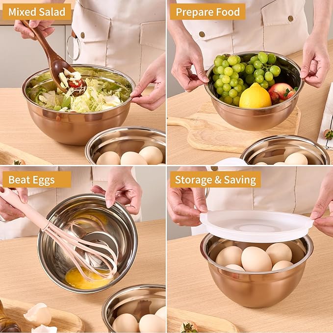 Rose Gold Mixing Bowls With Airtight Lids,Stainless Steel Bowl,Salad Bowls 5 Piece Colorful Nesting Bowl Gold Kitchen Accessories,Size 5.5,3.6,2.7,2.1,1.5QT Stackable Design