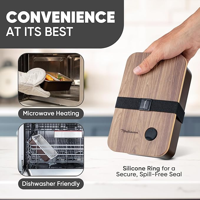 Leak Resistant Stainless Steel Bento Box For Adults|Stainless Steel Lunch Box for Adults |44Oz| BentoBox/Lunchbox| Lunch Container | Microwave Safe (Bottom container) |Bamboo Lid- Mocha Brown