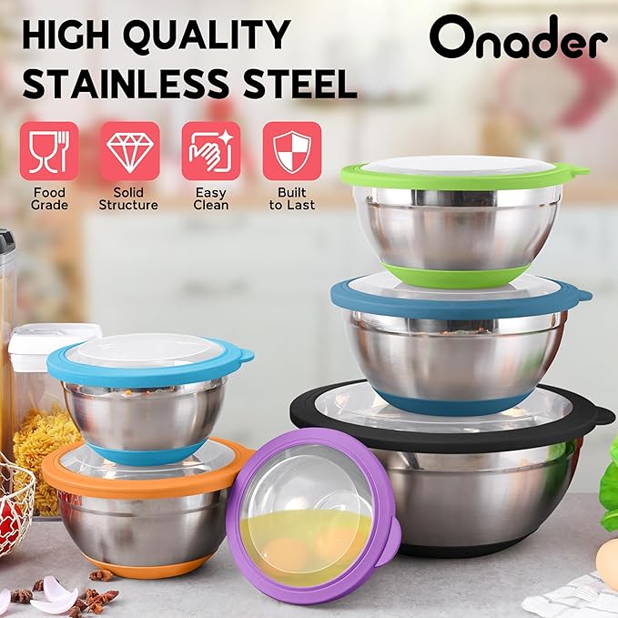 Colorful Mixing Bowl Set of 6 for Kitchen Large Stainless Steel Metal Nesting Mixing Bowls with Airtight Lids Non Slip - Size 1, 1.5, 2, 2.6, 3.5, 7QT