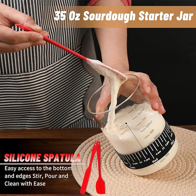 Pro Sourdough Starter Jar Kit- 35 Oz Large Sourdough Starter Glass Jar with Date Marked Feeding Band,Thermometer,Spatula,Cloth Cover& Lid for Sour Dough Bread Loaf