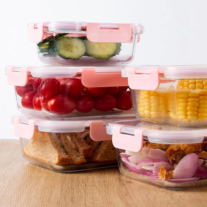 C CREST 12 Pack Premium Glass Locking Lids Storage Containers Set, Mix of Shapes and Sizes for Meal Prep and Versatile Use