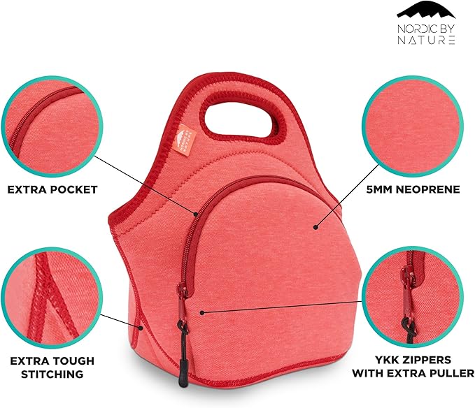 Nordic By Nature 12"x 12"x 6.5" Neoprene Lunch Box With Side Pocket And Soft Cotton Feel, Red