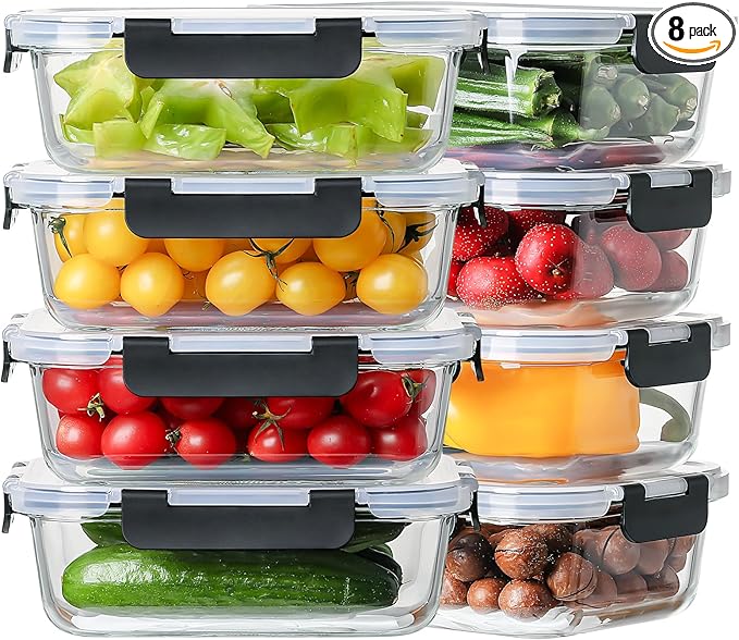 HOMBERKING 16pc Glass Meal Prep Containers with Lids, Glass Food Storage Containers with Leak Proof Snap Lock Lids, Airtight Bento Lunch Boxes, Kitchen Storage (8 lids & 8 Containers) - Black