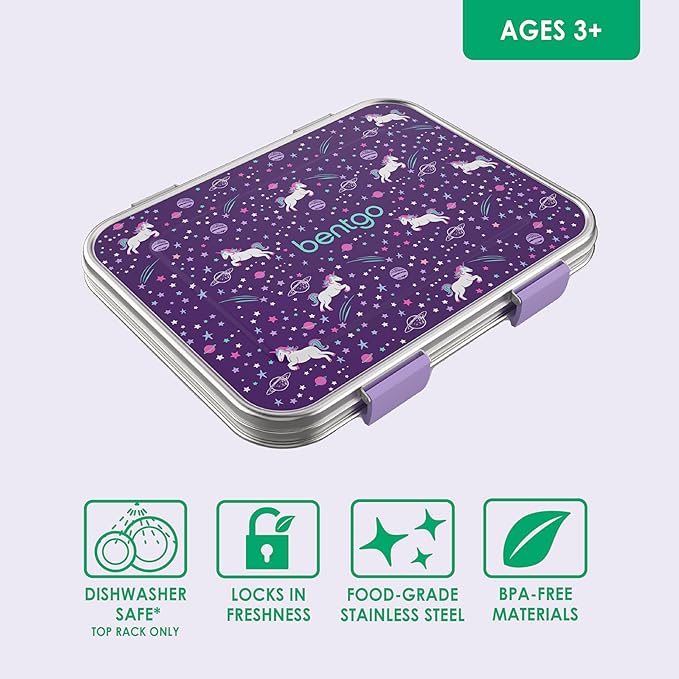 Bentgo Kids Stainless Steel Prints Leak-Resistant Lunch Box - 3-Compartments with Bonus Silicone Container, Durable, Eco-Friendly, Dishwasher Safe, BPA-Free, Ideal for School, Ages 3+ (Unicorn)