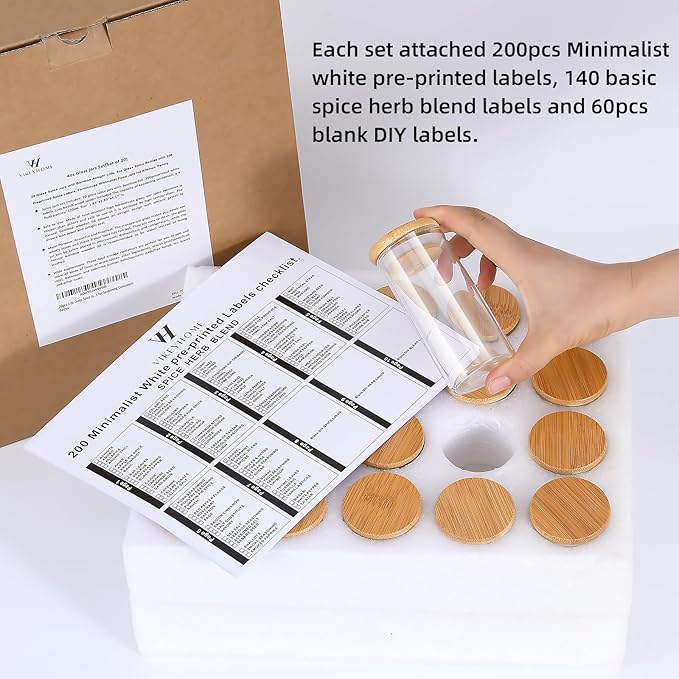 Spice Jars with Label, 20pcs 4 oz Glass Jars with Bamboo Airtight Lids, 200 Printed Spice Labels Waterproof Stickers for Seasoning Containers