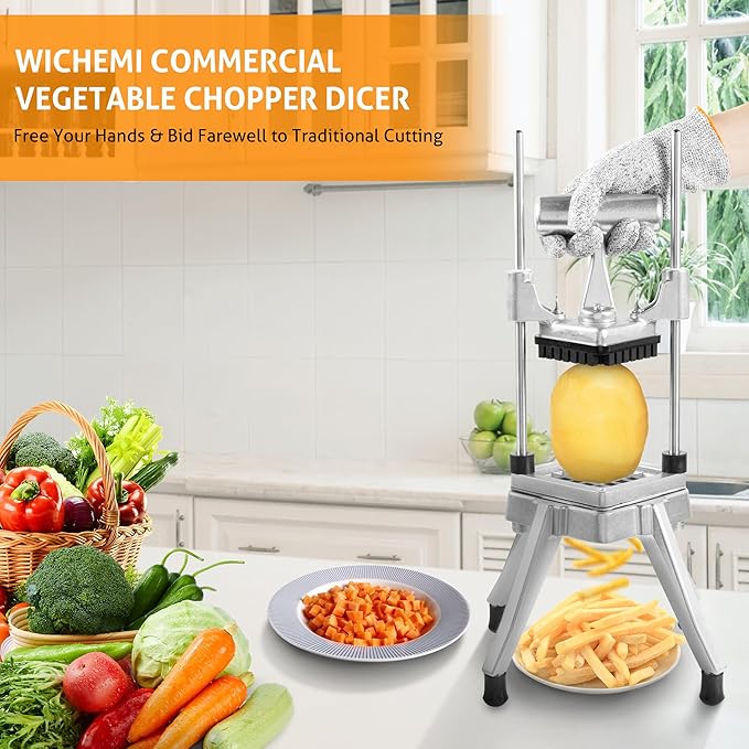 WICHEMI Commercial Onion Chopper Vegetable Cutter Fruit Dicer Heavy Duty Stainless Steel Vegetable Fruit Chopper Professional Food Dicer Cutter for French Fry Potato Pepper Tomato (1/2")