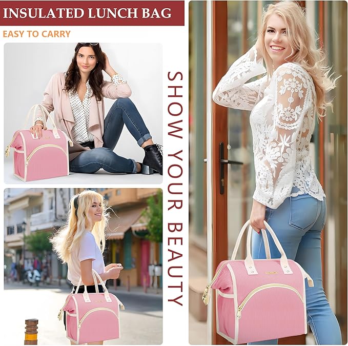 LOKASS Lunch Bag Women Insulated Lunch Box Wide-Open Lunch Tote Bag Large Cooler Bag for Work Picnic Hiking Beach(Pink)