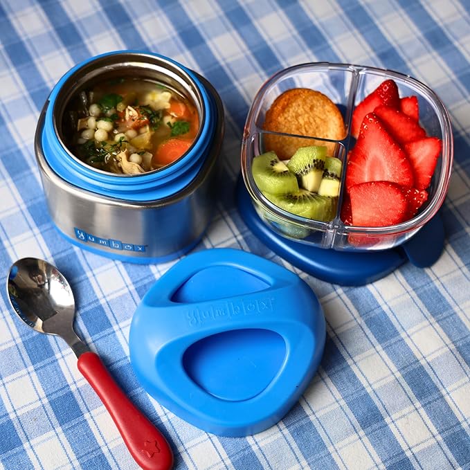 Yumbox Cubi Triple Insulated Stainless Steel Thermal Jar for Hot & Cold Lunches, Kids Size, Easy Open and Carry Handle, Unique Rounded Square Jar and Non-Slip design (Surf Blue)
