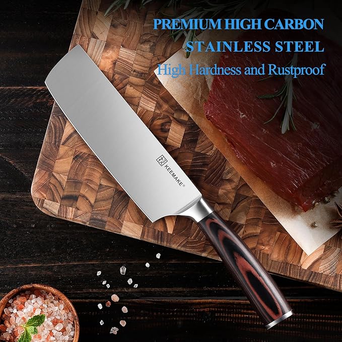 KEEMAKE Nakiri Knife 7 Inch - Sharp Kitchen Knife with High Carbon Stainless Steel Blade, Meat Cleaver Vegetable Cooking Knife with Ergonomic Pakkawood Handle and Gift Box Included