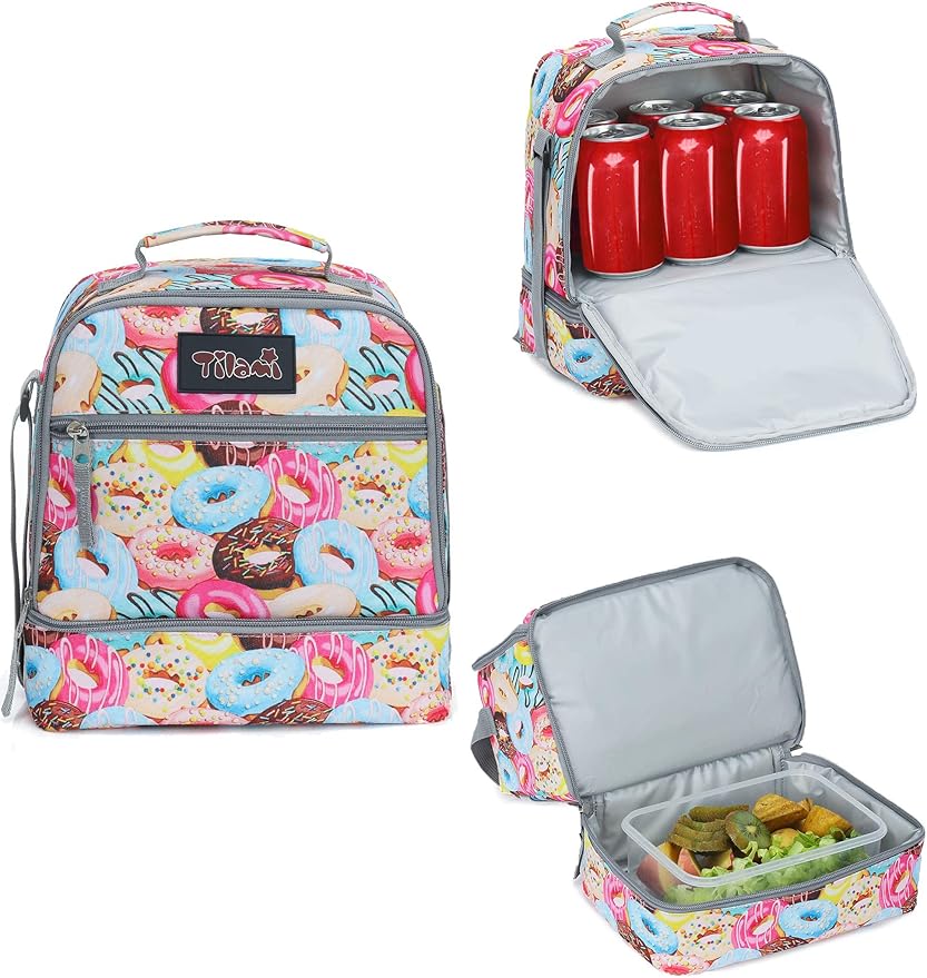 Tilami Lunch Bags Insulated Adjustable Strap Zipper, Two Compartments Cooler Bags, Bento Bags for Kids Toddlers, Doughnut