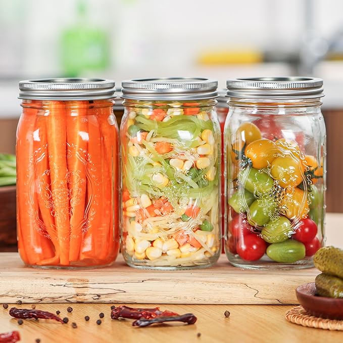Mason Jars 32 oz Wide Mouth - 12 Pack Quart Glass Mason Jars with Airtight Lids and Bands for Canning, Pickling, Food Storage, Fermenting, Leak Proof, Reusable