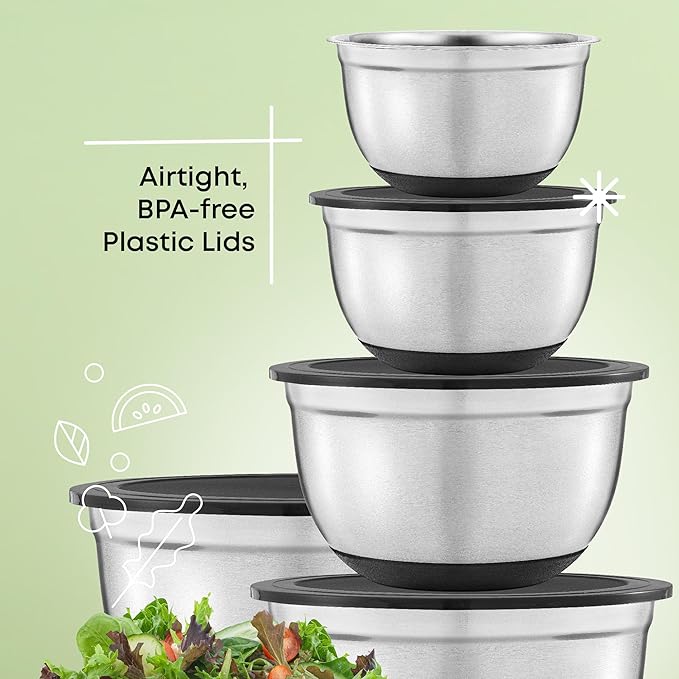 JoyJolt Stainless Steel Mixing Bowls with Airtight Lids, 7 Piece Nesting Bowls Set for Kitchen with Measurement Marks, Non-Slip Bottoms, Cooking, Baking, Prepping, Storage, 7/5/4/3/1.5/1/.75QT, Black