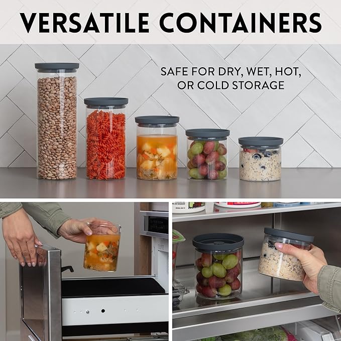 Glass Airtight Food Storage Containers with Silicone and Glass Lids – BPA-Free Jars and Canisters for Pasta Rice Flour, Dry or Wet Foods, Pantry Meal Prep – Set of 5 with Portion Tool