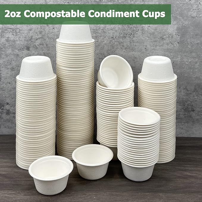 CAMKYDE 2 oz Disposable Bagasse Fiber Souffle Cups 100pk, 100% Natural Biodegradable Compostable Condiment Cups Sample Cup Tasting Cup (White, Pack of 100)