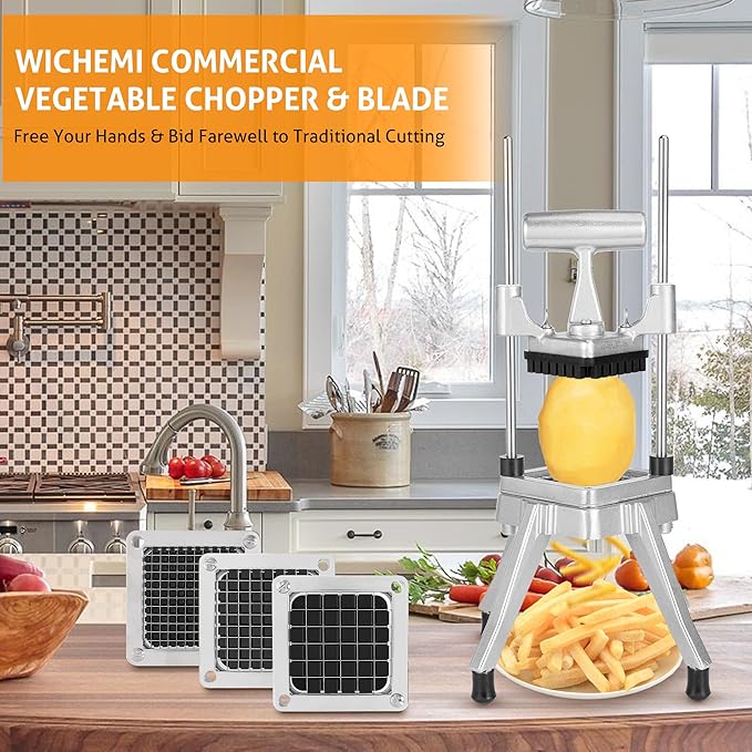 WICHEMI Commercial Vegetable Chopper Dicer w/3 Replacement Blades Onion Chopper Dicer Commercial Heavy Duty Vegetable Fruit Chopper Stainless Steel French Fry Cutter for Home Kitchen & Restaurant Use