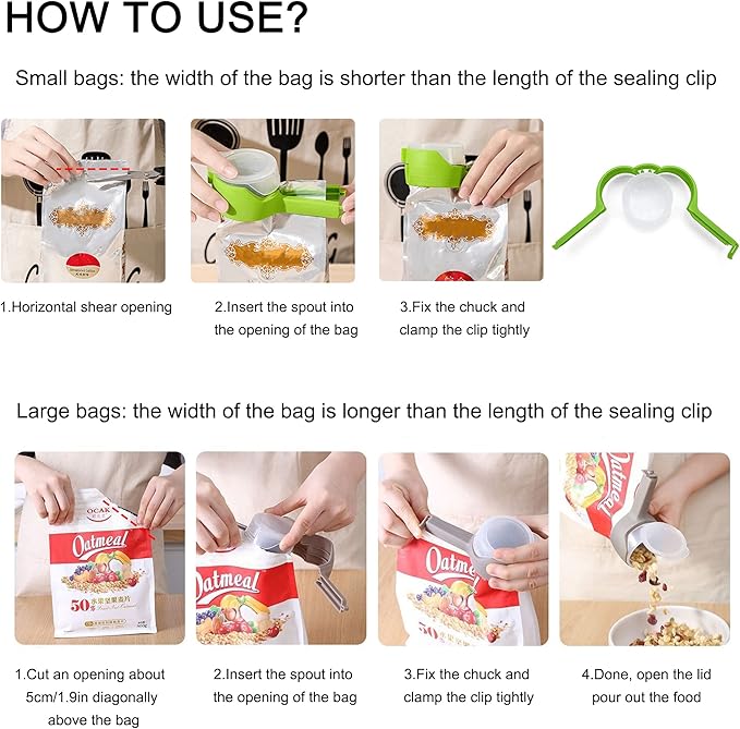 6Pcs Bag Spout Clip,Bag Clips for Food,Snack Sealing Clips with Pour Spouts,Kitchen Chip with 4pcs Adhesive Hooks, for Cereal Kitchen Food Storage Organization(2L+4S)