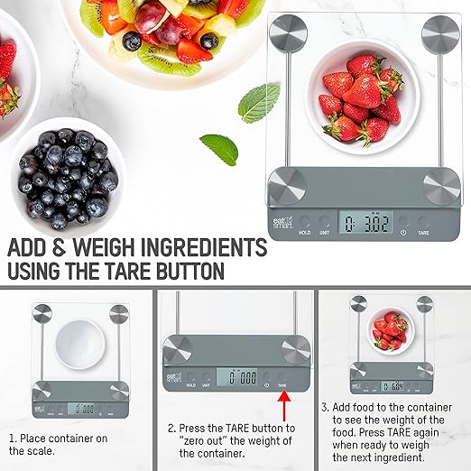 Eat Smart Eat Smart 33lb Glass Platform Food Kitchen Scale with Tare, Grey